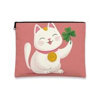 Lucky Cat Makeup Bag, Charming Cute Cat with Shamrock Zipper Pouch for Women, Portable Small Cosmetic Travel Organizer, Fun Gift for St. Patrick's Day, Spring Festivals, Peach, 7x9 Inch, Cat
