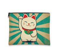 Lucky Cat Makeup Bag, Retro Japanese Maneki Neko Cosmetic Travel Bag for Women, Portable Small Canvas Zipper Pouch, Festival Gift Skincare Toiletry Bag Organizer, White, 7x9 Inch, Cat