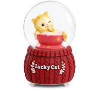 Lucky Cat Musical Snow Globe 100mm - Battery Operated Cat Ornament with Snowfall Effect, Cute Kitten Figurine Decorative Globe JR2616 (Red Base - Yellow Kitten)