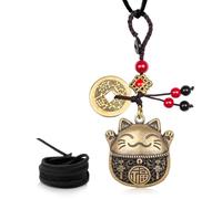 Lucky Cat Rearview Mirror Pendant with Five Emperors Feng Shui Coins, Brass Maneki Neko Charm for Good Luck and Wealth, Tassel Hanging Decoration, Car Interior Accessories