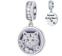 Lucky Cat Round Pendant Charms, 925 Sterling Silver Shell-made 3D Kitten Cat Dangle Beads, fit Pandora Animal Bracelet, Gift for Wife/Grandma/Pet Lover/Christmas