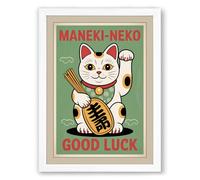 Lucky Cat Welcomes Japandi Framed Wall Art Print A3 (42×29.7cm) White, Wall Decor for Living Room, Bedroom, Office & Home, Ready to Hang, Art Gift