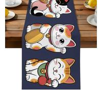 Lucky Cats Table Runner, Modern Japanese-Style Cute Cat Animals Navy Blue Cotton and Table Linen Runner for Kitchen Dining Home Decor for Party Festival Holiday Decoration Gift 13x90in