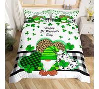 Lucky Clover Duvet Cover Set Single Size, St. Patrick's Day Bedding Set 2pcs for Kids Boys Girls Bedroom Decor, Green Gnomes Shamrock Comforter Cover Grey Plaid Quilt Cover with 1 Pillowcase