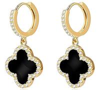 Lucky Clover Earrings, Gold Dangle Hoop Earrings, Dainty Drop Dangle Earrings for Women,18K Gold Plated Four Leaf Clover Hoop Earrings Simple Lucky Drop (Black,One Size)