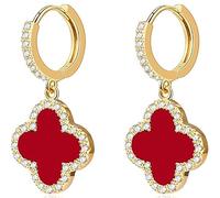 Lucky Clover Earrings, Gold Dangle Hoop Earrings, Dainty Drop Dangle Earrings for Women,18K Gold Plated Four Leaf Clover Hoop Earrings Simple Lucky Drop (Red,One Size)