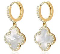 Lucky Clover Earrings, Gold Dangle Hoop Earrings, Dainty Drop Dangle Earrings for Women,18K Gold Plated Four Leaf Clover Hoop Earrings Simple Lucky Drop (White,One Size)