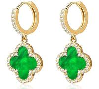 Lucky Clover Earrings, Gold Dangle Hoop Earrings, Dainty Drop Dangle Earrings for Women,18K Gold Plated Four Leaf Clover Hoop Earrings Simple Lucky Drop (Green,One Size)