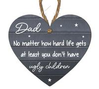 Lucky Dad - No Ugly Children Humorous MDF Wooden Heart Plaque - Gift For Father's Day & Birthday - Office & Home Decor Keepsake 10cm x 9cm