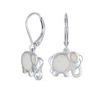 Lucky Dainty Round Gemstone Created White Opal Zoo Animal Lover Good Luck Elephant Dangle Earrings For Women Teen .925 Sterling Silver October Birthstone
