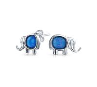 Lucky Dainty Small Gemstone Created Blue Opal Zoo Animal Lover Good Luck Elephant Stud Earrings For Women Teen .925 Sterling Silver October Birthstone