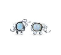 Lucky Dainty Small Gemstone Created White Opal Zoo Animal Lover Good Luck Elephant Stud Earrings For Women Teen .925 Sterling Silver October Birthstone