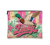 Lucky Duck Makeup Bag, Vintage Fun Cosmetic Travel Pouch for Women, Portable Canvas Zipper Organizer, Summer Skincare Toiletry Bag, Peach, 7x9 Inch, Lucky