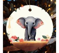 Lucky Elephant Ceramic Christmas Ornaments - 4 Pcs Rustic Round Xma Tree Decor with Hanging String, Personalized Vintage Double-Sided Holiday Party Decorations for Xmas Gifts