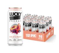 Lucky Energy Sugar Free Energy Drinks, Son of a Peach, 16oz Cans (12-Pack) Healthy, Zero Sugar Energy Drink with Maca, Ginseng, Beta-Alanine, Taurine & 200mg Caffeine