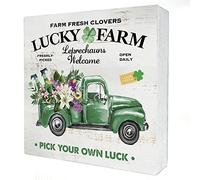 Lucky Farm Shamrock Wood Box Sign Decor Rustic Green Pickup St. Patrick's Day Wooden Box Sign Block Plaque for Wall Tabletop Desk Home Decoration 5x5 Inch