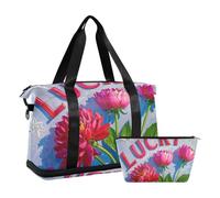 Lucky Floral Colorful Red Gym Tote Bag Weekend Bag with Toiletry Bag for Business Trips 2 Pcs Set, lucky floral colorful red, One Size