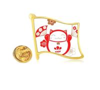 Lucky Fortune Cat Flower Fan Japan Golden Metal Flag Lapel Pin Badge