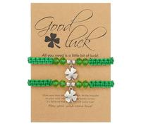 Lucky Four Leaf Clover Charm Green Braided Rope Bracelet for Women Men Good Luck Crystal Beaded Handmade Adjustable Stretch Bangle Trendy St Patricks Irish Festive Jewelry Couple Friendship with Card