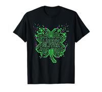 Lucky Glitch Four Leaf Clover Cyberpunk Circuit Board Gamer T-Shirt