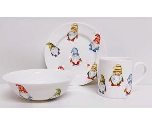 Lucky Gonks Breakfast Children Set Bone China 3 Piece Plate 16.5 cm Mug & Bowl Festive Children's Kids Gnomes Hand Decorated in UK