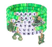 Lucky Green St. Patrick's Day Irish's Day Shamrock Handmade Clover Leaf Stretch Multilayer Colorful Heishi Disc Clay Beads Surfer Elastic Bracelet Festival Jewelry for Women, Metal, beads