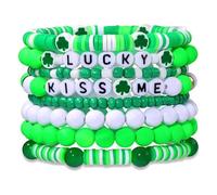 Lucky Green St. Patrick's Day Irish's Day Shamrock Handmade Clover Leaf Stretch Multilayer Colorful Heishi Disc Clay Beads Surfer Elastic Bracelet Festival Jewelry for Women, Metal, beads