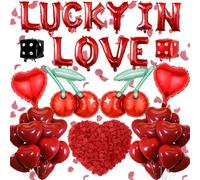 Lucky In Love Bachelorette Decorations - 46 Pcs Red Foil Heart Cherry Dice Balloons Decor For Vegas Bridal Shower Casino Party Decorations Supplies