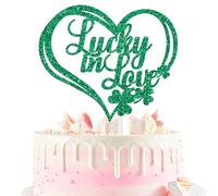 Lucky in Love Cake Topper, St. Patrick’s Day Bridal Shower Cake Decor, Just Married, Shamrock Clover St. Patrick’s Day Wedding Engagement Party Decorations Supplies Green Glitter