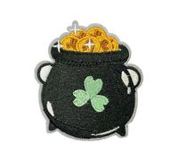 Lucky Irish Pot of Gold with Shamrock - Iron On Embroidery Patch (8 x 7cm)