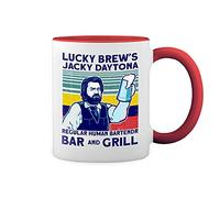 Lucky Jackie Daytona Human Bartender Vintage White Coffee Mug with Red Rim & Handle