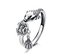 Lucky Koi Fish Statement Rings Sterling Silver 925 Adjustable Antique Lotus Flower Dangling Charm Finger Band Engagement Promise Ring Wedding Bands Fashion Jewelry Gifts for Women Girls Men