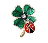 Lucky Ladybug & Clover Brooch for Women Girls - Green Red Black Enamel Lapel Pin with Round Crystal, 3 x 2.2cm, Hat Suit Backpack Accessory, Fashion Small Jewellery Gift (Gold)