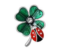 Lucky Ladybug & Clover Brooch for Women Girls - Green Red Black Enamel Lapel Pin with Round Crystal, 3 x 2.2cm, Hat Suit Backpack Accessory, Fashion Small Jewellery Gift (Silver)