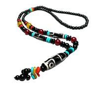Lucky Nine-Eyed Dzi Bead Pendant Necklace for Men Women Boho Handmade Tibetan Buddhism Agate Jade Stone Bead Sweater Chain Feng Shui Amulet Jewelry Gift Colored
