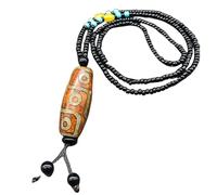Lucky Nine-Eyed Dzi Bead Pendant Necklace for Men Women Boho Handmade Tibetan Buddhism Agate Jade Stone Bead Sweater Chain Feng Shui Amulet Jewelry Gift Brown
