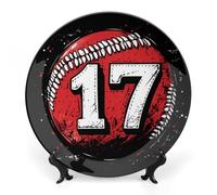 Lucky Number 17 Baseball Bone China Decorative Plate with Display Stand Ceramic Dinner Plates Wall Decor for Home Kitchen 10inch