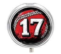 Lucky Number 17 Baseball Pill Box Cute Metal Round Pill Case with 3 Compartments and Mirror for Vitamin Fish Oils