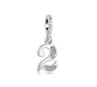 Lucky Number 2 Two Charm fits Pandora Charms Bracelets Anniversary Birthday Jewellery Gift for Women Niece Silver Tone Crystal Clear CZ