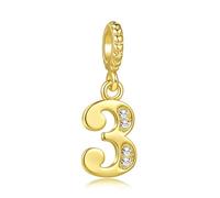 Lucky Number 3 Three Charm fits Pandora Charms Bracelets Anniversary Birthday Jewellery Gift for Women Granddaughter Gold Crystal Clear CZ