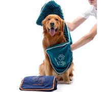 Lucky Paws® Chenille Dog Towel with Hand Pockets - UK Based Seller - Absorbent Microfibre Towel - Fast Drying - Super Soft - Machine Washable & Dryable - 88 x 32cm (Pack of 2, Teal/Navy Blue)