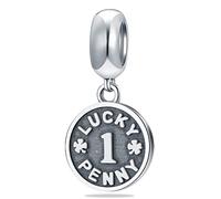 Lucky Penny 1 Coin Charm Pendant, Fit Pandora Necklace Bracelet, Round Circle Number 1 with Four Leaf Clover Dangle Bead, Gift for Best Friends/Mum/Sister