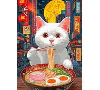 Lucky Puzzles - Midnight Ramen in Tokyo - 1000 Piece Jigsaw Puzzle for Adults | Whimsical Cat Ramen Illustration | Japanese Night Street Art Puzzle