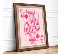 Lucky Queen Card Retro Framed Wall Art Print A1 (84.1×59.4cm) Walnut, Wall Decor for Living Room, Bedroom, Office & Home, Ready to Hang, Art Gift