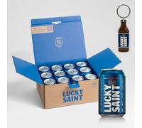 LUCKY SAINT Alcohol Free Beer - Unfiltered Lager, Case of 12 x 330ml, 0.5% ABV Cans with Keyring | Vegan, 53 Calories Per Lager