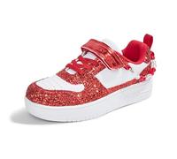 LUCKY STEP Girl's Glitter Sneakers Slip On Hook and Loops Athletic Sparkly Beads Casual Tennis School Party Cute Running Shoes for Children/Girls/Kids (White/Red, 4US-35EU-3UK)
