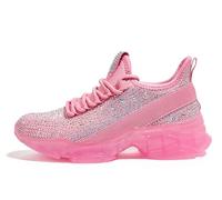 LUCKY STEP Girls Rhinestone Slip On Sneakers Kids Sparkly Lightweight Tennis School Knit Jelly Sole Glitter Walking Shoes Toddler (Pink Rhinestone, 4US-35EU-3UK)