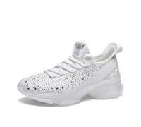 LUCKY STEP Women Rhinestone Walking Shoes Mesh Slip On Fashion Breathable Sparkle Glitter Sneaker (White, 9US-40EU-7UK)