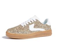 LUCKY STEP Women's Glitter Sneakers Fashion Retro Casual Sparkly Bling Shiny Dressy Bedazzled Bridal Wedding Anti Slip Walking Shoes (Gold/White, 9US-40EU-7UK)