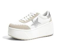LUCKY STEP Women's Platform Chunky Sneakers Fashion Star Glitter Sparkly Wedge Walking Shoes High Heel Casual Shiny Thick Sole Footwear, White/Silver, 8 UK